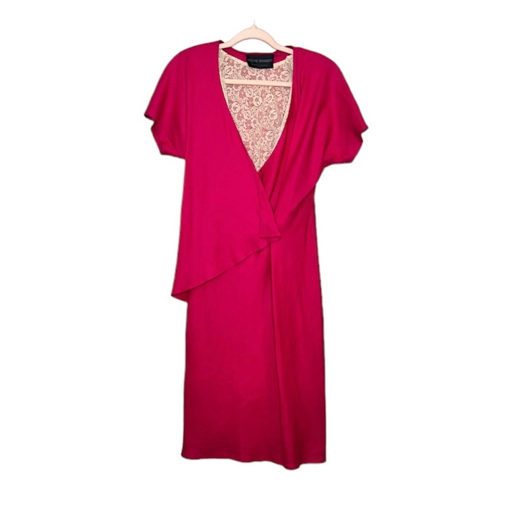 Vintage Pink V Neck Button Front Midi 100% Linen Dress Lace Slip Lining Large